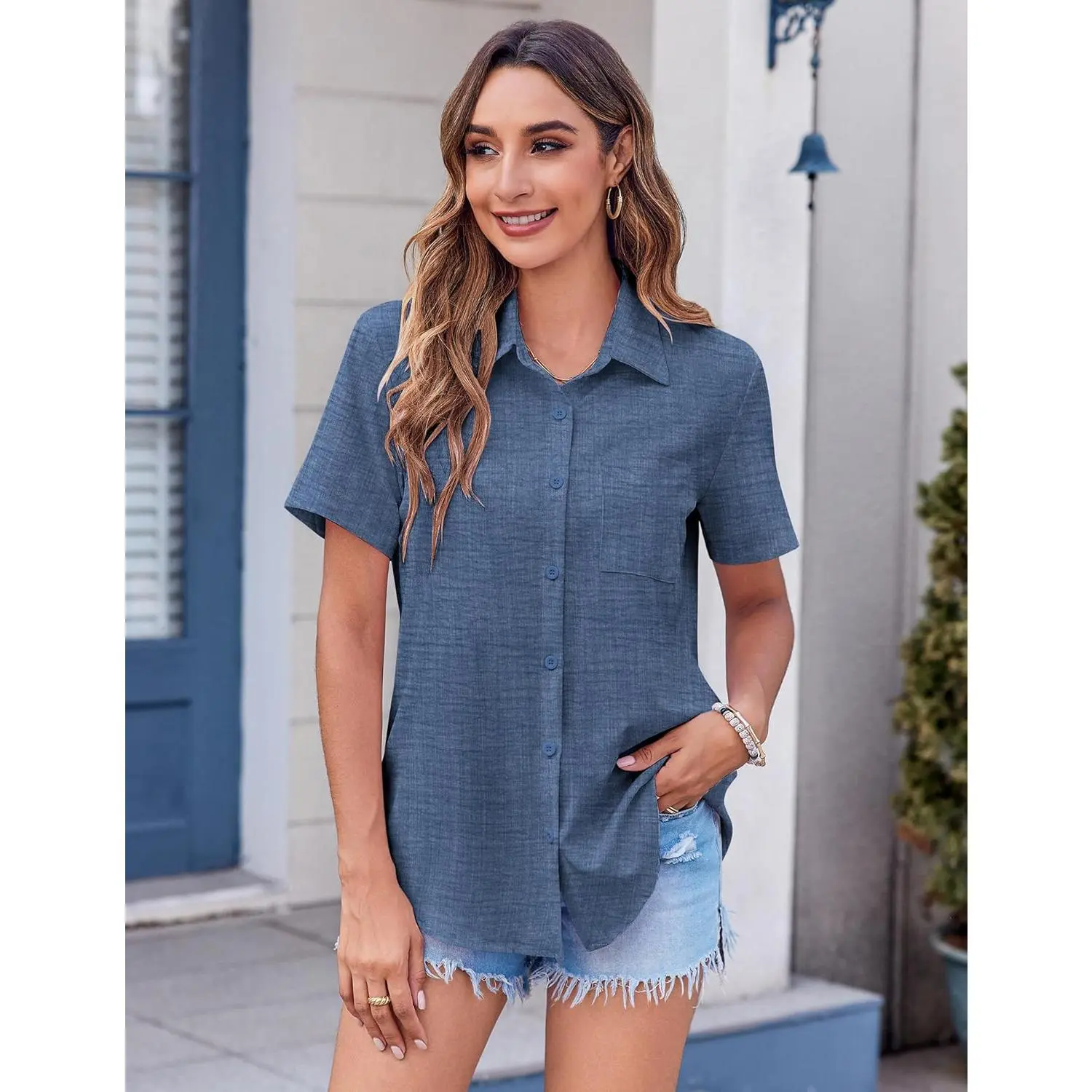 Womens Button Down Shirt Bust Pocket Short Sleeve Blouses Business Casual Work Tops Summer OutfitsGift Womens Button Down Shirt Bust Pocket Short Sleeve Blouses Business Casual Work Tops Summer OutfitsGift