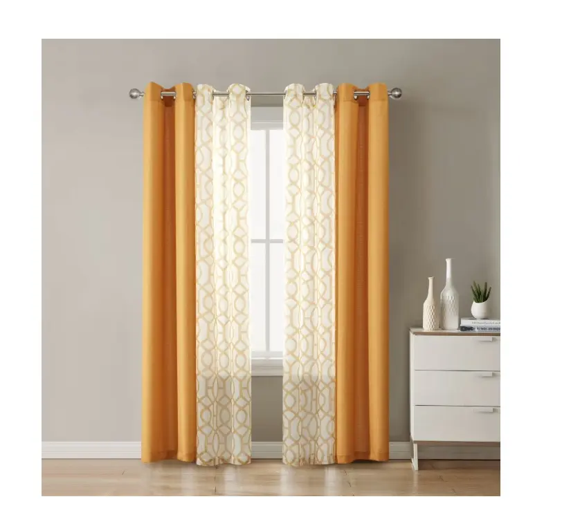 Kingswood 4-Piece Solid and Printed Sheer Grommet Curtain Panel Set, Brown Butter, 27.5" W x 84" L
