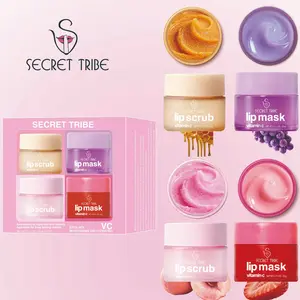 Secret Tribe Magic Lip Balm & Scrub Set, Lip Mask, Exfoliate, Nourish, Moisturize, Vitamin C, Peach, Grape, Strawberry, Honey Flavors, Christmas Gift, Hydrating Lip Care
