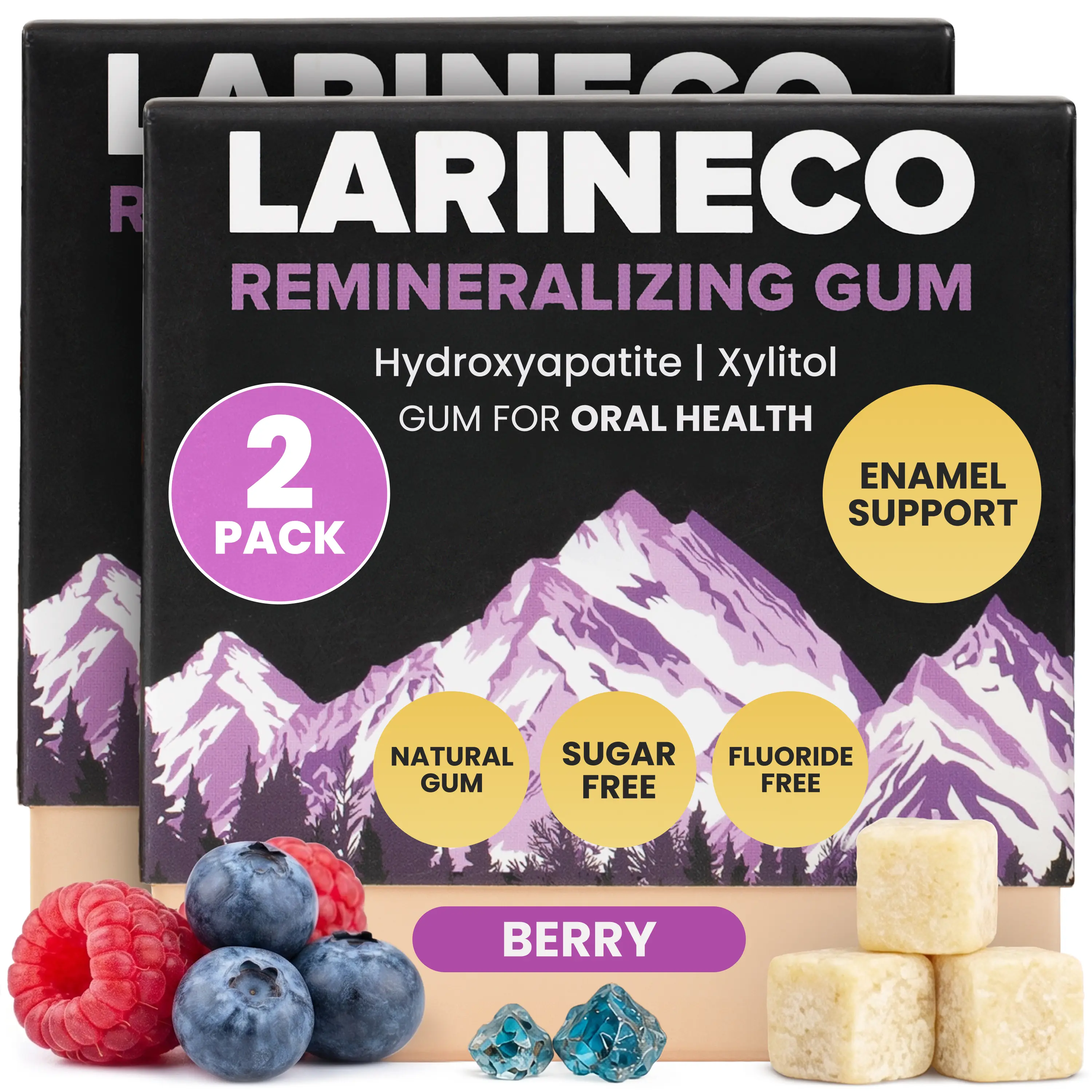 Larineco️ - Berry Remineralizing Gum with Nano Hydroxyapatite & Xylitol – Sugar-Free, Dye-Free, Aspartame-Free – Natural Base – 18 Pieces