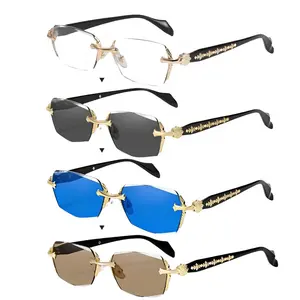 Unisex Metal Frame Blue Light Blocking Glasses - Photochromic Protective Sunglasses with Decorative Diamond Edges, Durable Rimless Outdoor Shades, High Quality Eyewear for Everyday Wear & Events