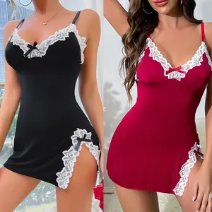 Women Sexy Lace Chemise Nightgown Sleepwear V Neck Full Slip Babydoll Lingerie Side Split Sleep Dress