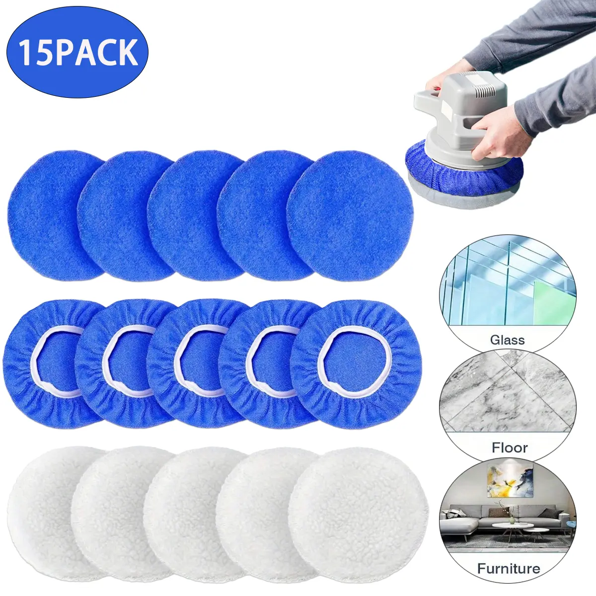 15Pcs Car Polisher Pad Bonnet - 10 Microfiber & 5 Woolen Pads for 5 to 6 Inch Polishers Soft Material Elastic Band Good Water Absorption Reusable for Automobiles Furniture Wooden Floors Household Appliances Musical Instruments, Achieves Waxing