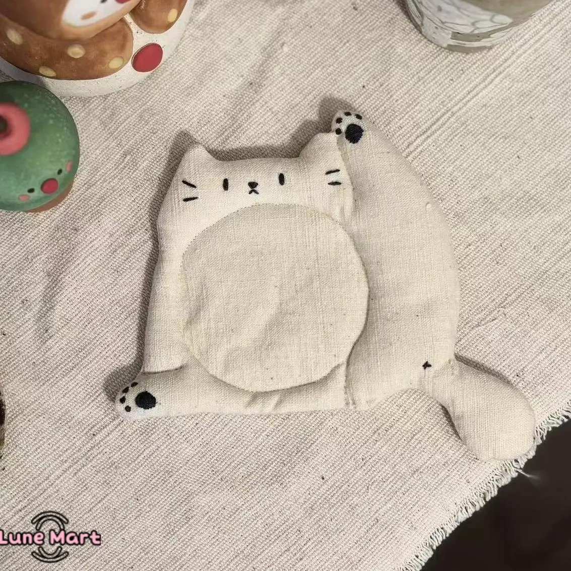 Cute Cat Linen Coasters, Hand-Embroidered Decorative Table Mat for Coffee Enthusiasts, Durable & Heat Resistant with Anti-Scald Protection