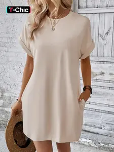 Women's Plain Pocket Batwing Sleeve Dress, Casual Minimalist Round Neck Roll Up Sleeve Dress for Summer, Casual Elegance Chic Fashion Women's Dress