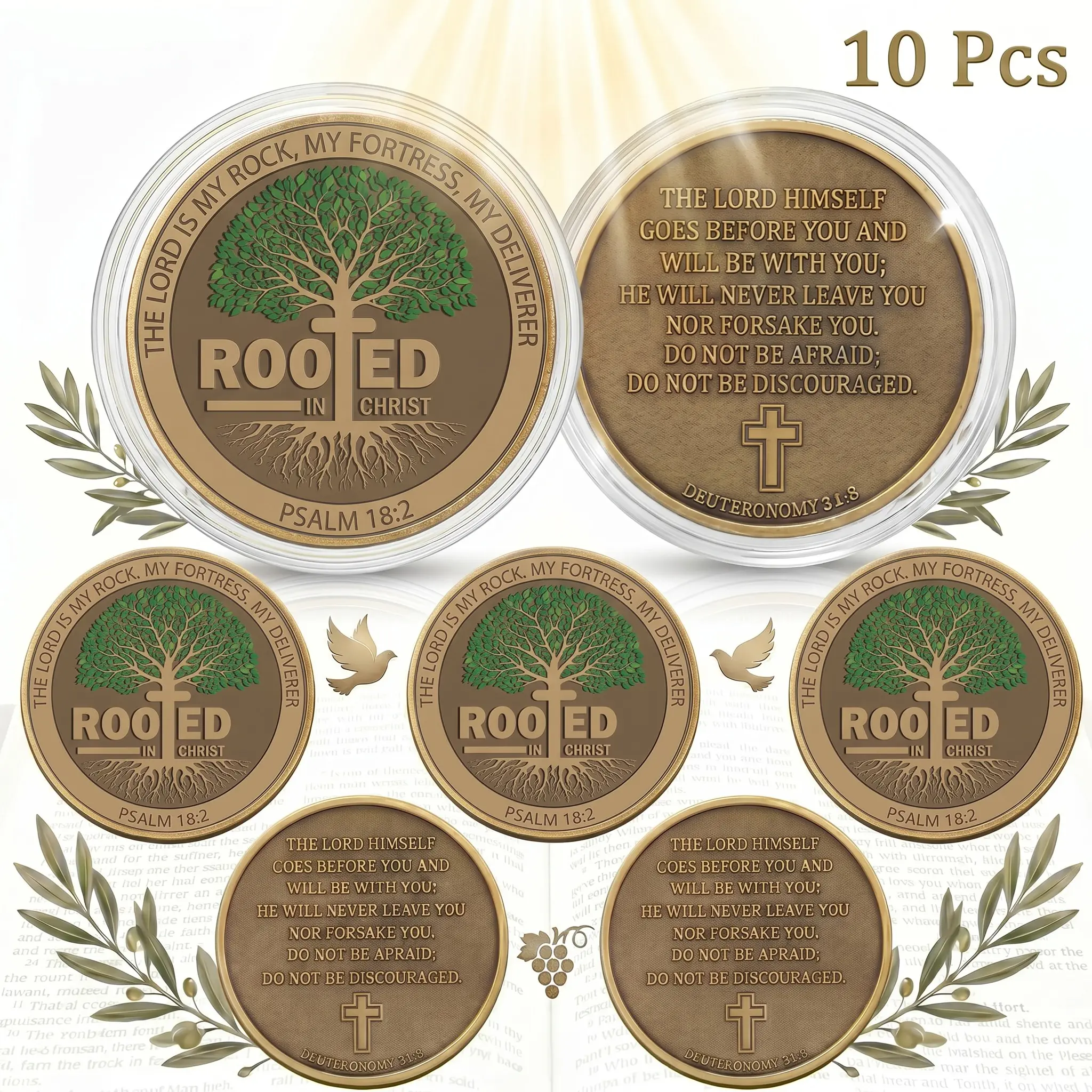 Christian Challenge Coins 10 Pcs Fruits of the Spirit Coins Rooted in Christ Coins Jesus Coins Collectible Challenge Pocket Token Inspirational Lucky Coins with Clear Protective Case Religious Gifts for Prayer Church Souvenir Women Men Sunday School