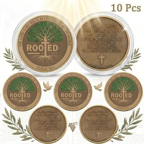 10-Pack Christian Challenge Coins - All 9 Fruits of the Spirit, Rooted in Christ Tree Art & Verse, Jesus Themed Collectible Pocket Tokens, Gift-Ready Pack with Protective Case, Religious Decoration for Prayer, Christianity Gift for Boyfriends (Easter)