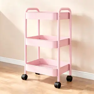3-Tier Rolling Mesh Storage Cart with Handle, Narrow Space Saving Metal Utility Rack on Wheels, Easy Assembly Breathable Trolley for Kitchen, Bathroom, Nursery, Bedside, Aesthetic Mother's Day Gift for Mom, White/Pink