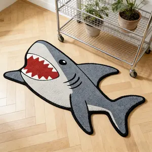 Fun Shark Shape Fluffy Rug, Shaggy Area Rug, Decorative Rug, Soft American Street Style Bedside Carpet, Home Decor Floor Mat for Living Room Bedroom Bathroom Kitchen Dining Room, Shaggy Fuzzy Rugs