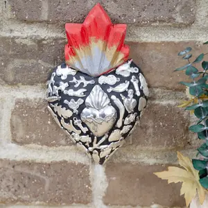 Medium Wooden Religious Sacred Heart Decor with Milagritos Ornaments, Traditional Hangable Home Decoration