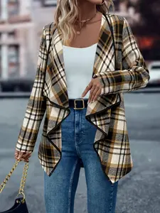 A women's yellow brown checkered irregular jacket, suitable for commuting to work, shopping, outdoor activities, indoor and outdoor wear