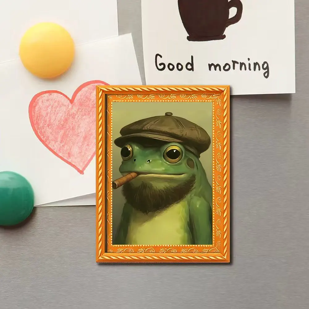 Vintage Oil Painting Razor Party Frog Refrigerator Decorating Magnet, Newsboy Hat Beard Cigar Magnetic Decoration, Kitchen Message Magnets, Funny Frog Magnet