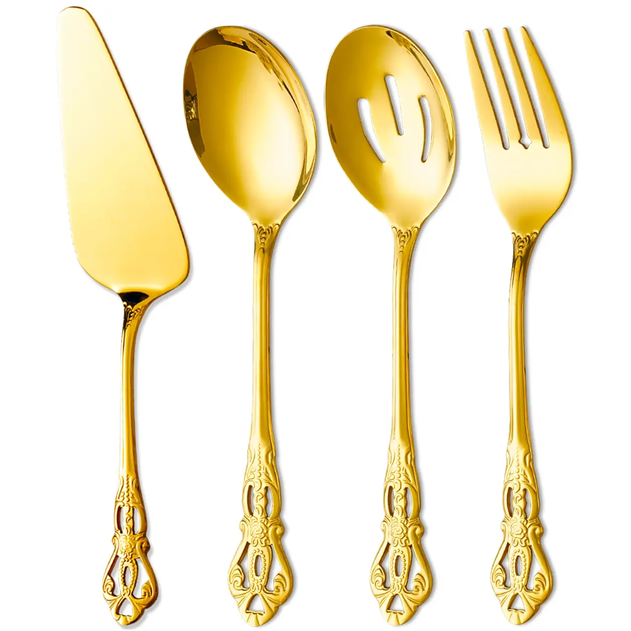 4PCS Retro Royal Serving Utensils, Fork And Spoon Set, Stainless Steel Pie Server/Serving Spoon/Slotted Serving Spoon/Serving Fork, Flatware Set For Banquet/Party/Christmas, Festive Table Decor, Cutlery Tableware, Spoons And Forks Set