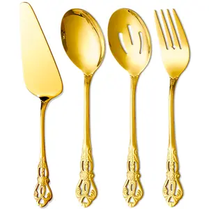 4PCS Retro Royal Serving Utensils, Premium Stainless Steel Pie Server/Serving Spoon/Slotted Serving Spoon/Serving Fork, Flatware Set For Banquet/Party/Christmas/Thanksgiving/Wedding, Nice Gift, Festive Table Decor, Dinnerware Service Set