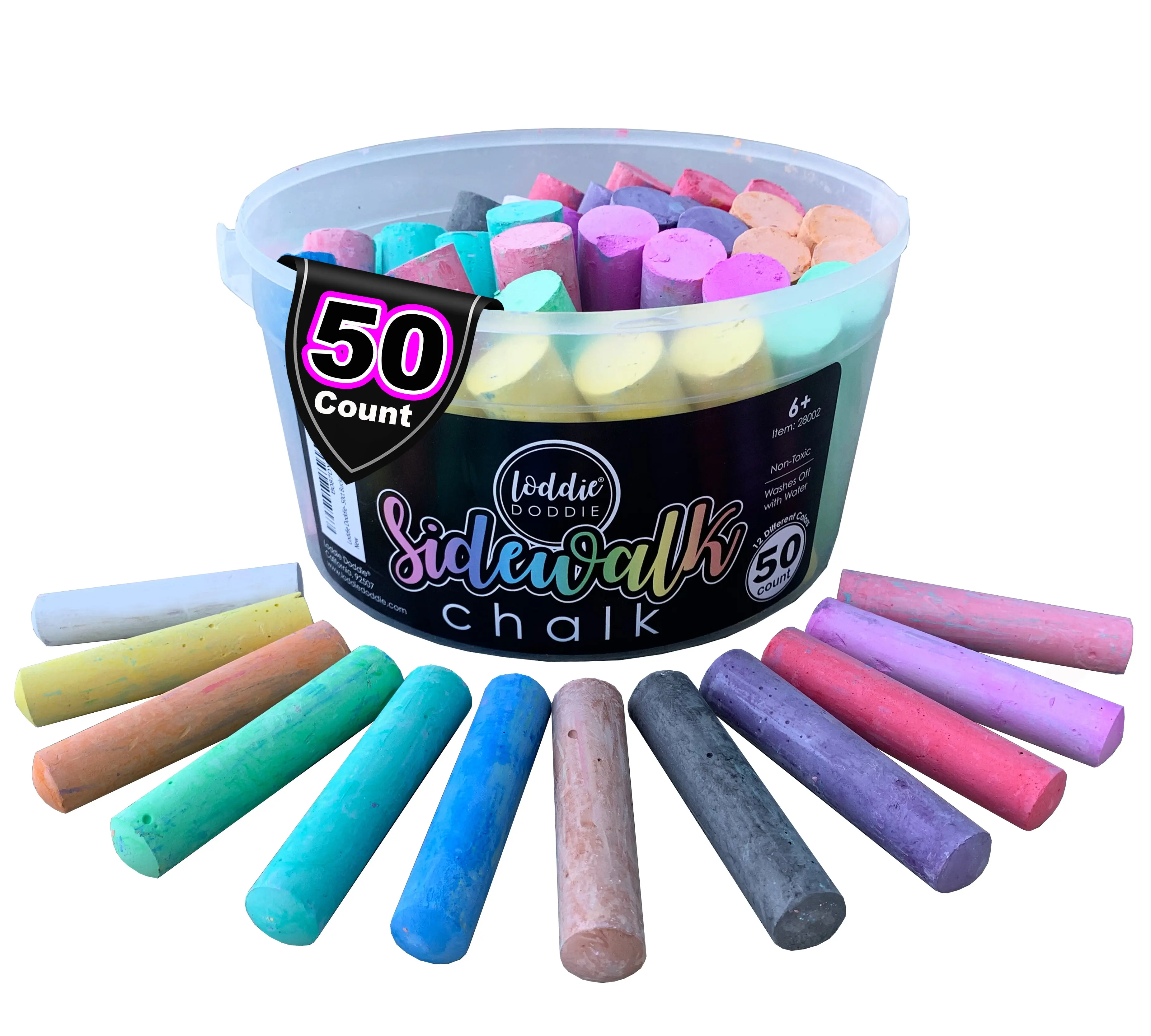 Loddie Doddie | 50pc Jumbo Sidewalk Chalk Bucket – Easy-Grip, No-Roll Chalk for Kids, 12 Colors