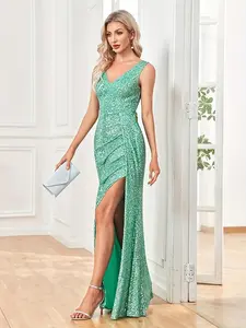 Women's Glitter Sequin Tube Evening Dress, Elegant Sleeveless V Neck Maxi Dress for Party Banquet, Ladies' Clothes for Summer
