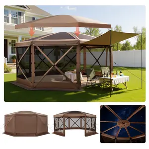 fathersdaygift VEVOR Pop up Gazebo Screen Tent, 15x 15 ft Large 8-Sided Camping Canopy Tent with Removable Top Carry Bag, Quick-Set Bite-Proof, Screen House Sun Shelter for 12-15 Persons Backyard Patio, Brown
