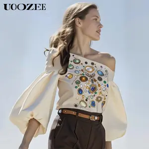 UOOZEE Women's Collared 1-Shoulder Polyester Bubble Long-Sleeve Button Blouse - Creamy Chic Style Clothes, Retro, Loose-Fit, Slimming, Elegant Casual, Floral, Gemstone Decoration