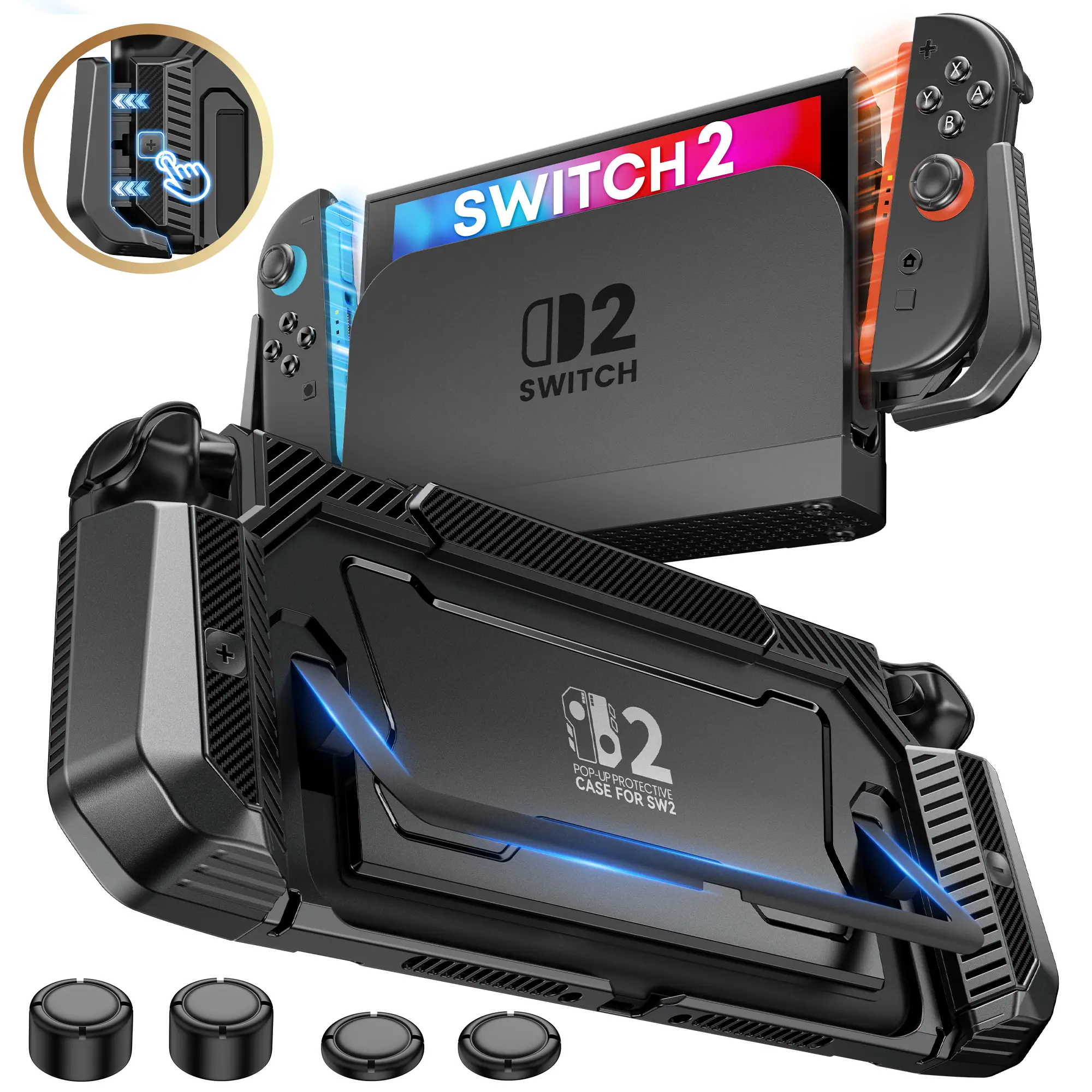 Nintendo Switch 2 Dockable Case with Palm-Fitting Ergonomic Grip - 1-Click Pop-up Joy-Con Release, Kickstand Compatible, Military-Grade Protection, Charging Dock Support - Game Console Handheld Shell Travel Accessory