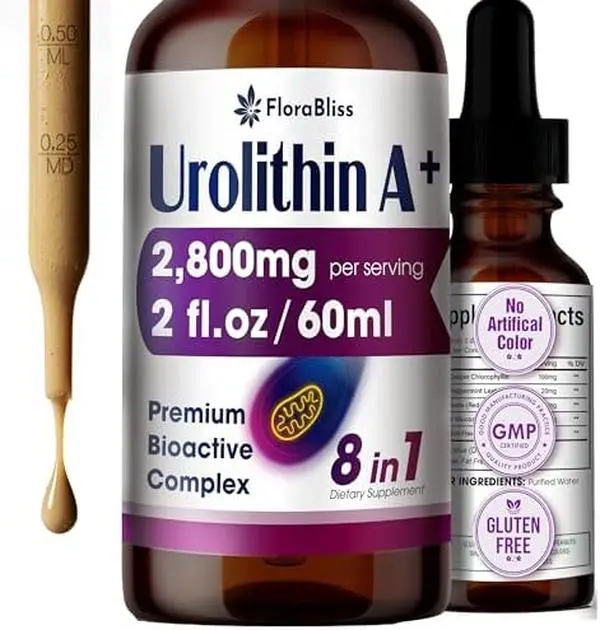 Urolithin A Supplement 2800 mg Liquid Drops | with Trans-Resveratrol, Collagen Peptides, Pomegranate Extract, Hyaluronic Acid, Vitamin E & C | 60ml |30-Day Supply