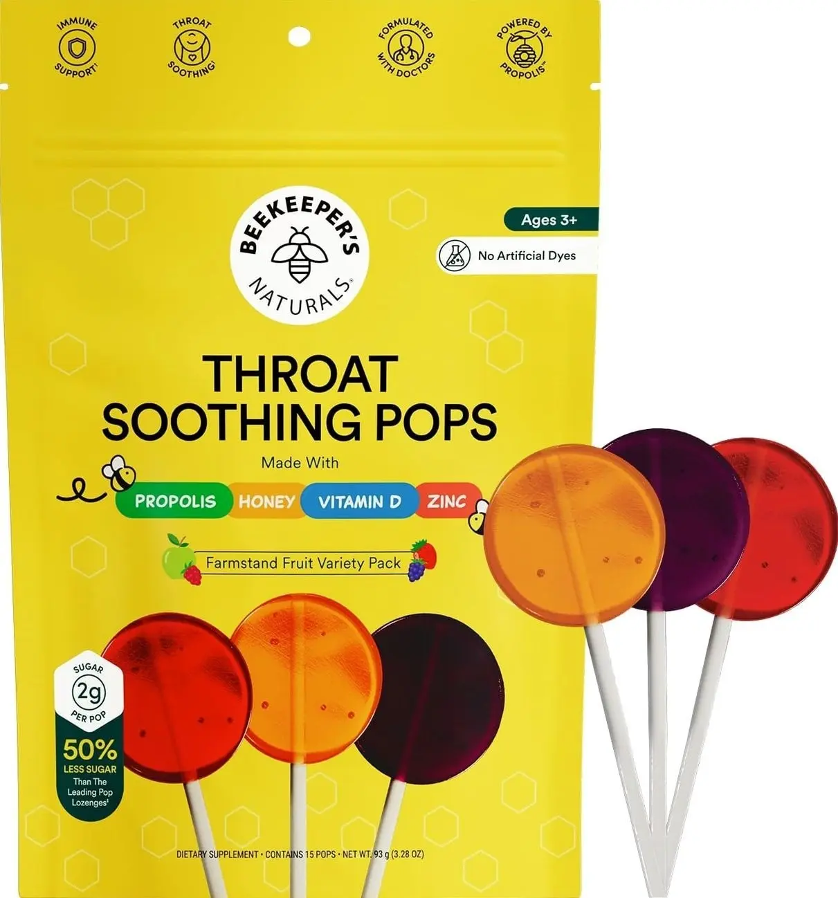Kids Throat Soothing Lollipops by Beekeeper's Naturals - Doctor Formulated Immune Support, Vitamin D & Honey, Under 2g Sugar, Clean Ingredients,15 ct