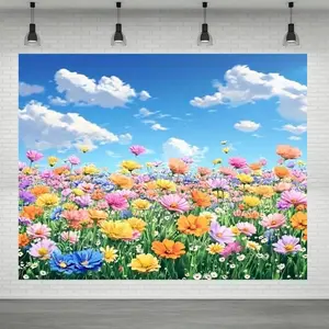 1pc a Vibrant Blue Sky with White Clouds And Colorful Flowers Backdrop Banner - Made from Durable Polyester Fabric, Requires No Electricity, And Is Easy to Hang for Indoor Or Outdoor Use for Eve, Hanging, One-Piece