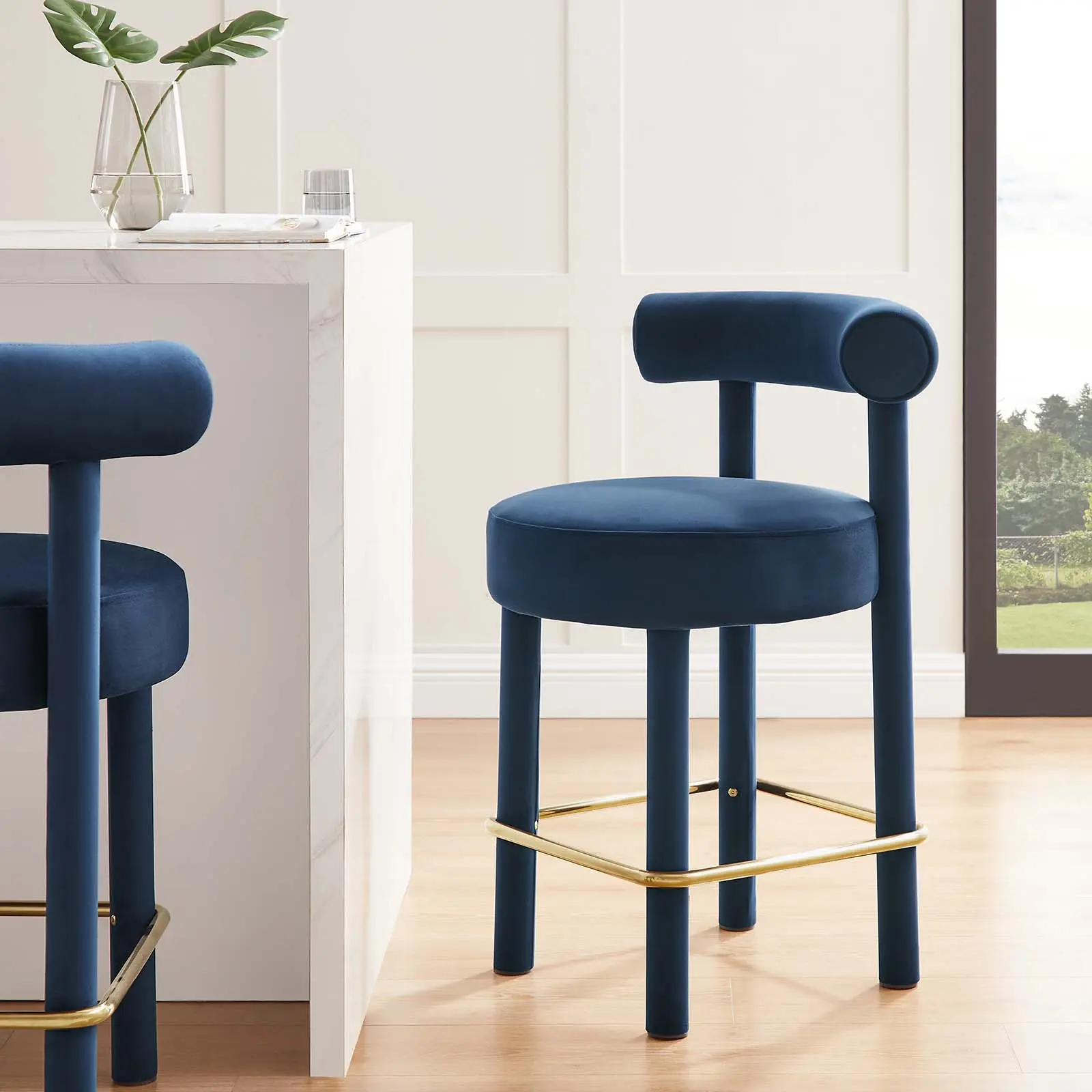Modway Toulouse Performance Velvet Counter Stool - Modern Furniture, Midnight Blue Gold, Home Bar Dining Chair