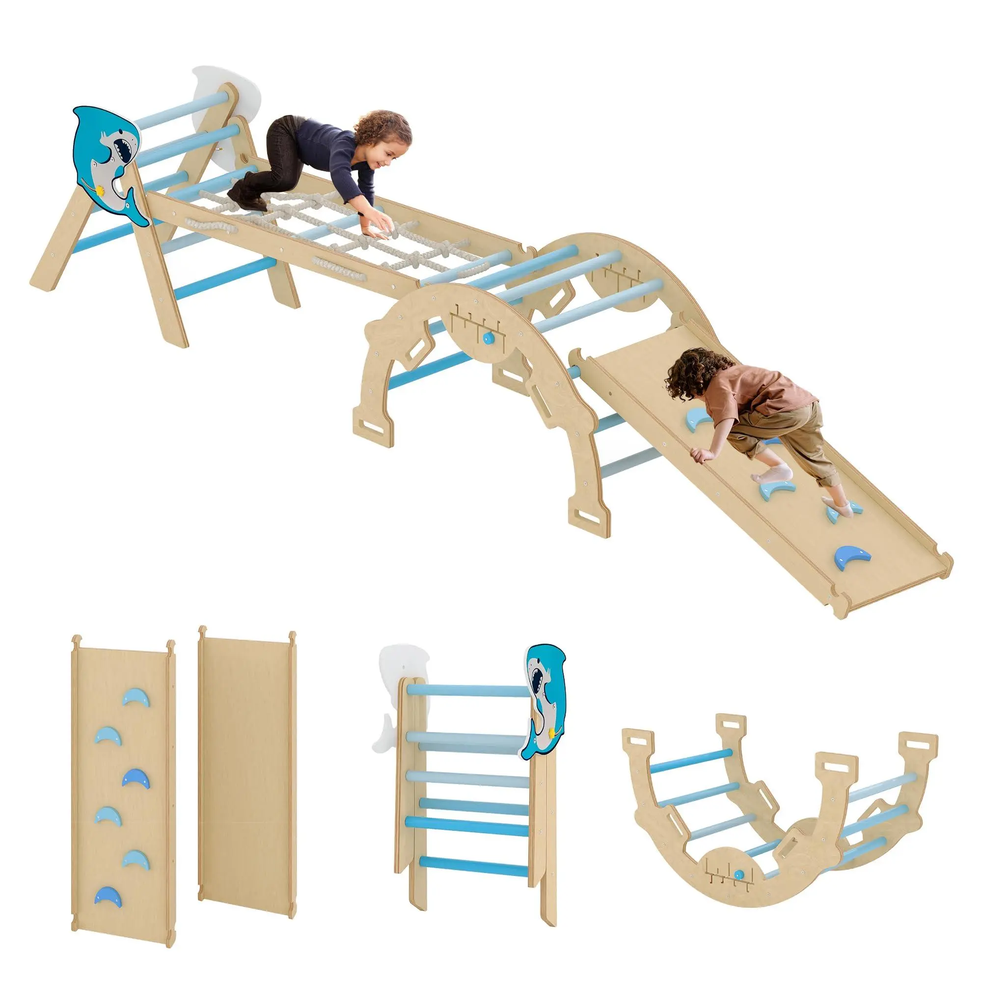 4-in-1 Wooden Pikler Triangle Set - Kids Indoor Play Montessori Climbing Toys with Ramp, Arch, Ladder - Blue Outdoor Furniture Jungle Gym for Toddlers 1-3