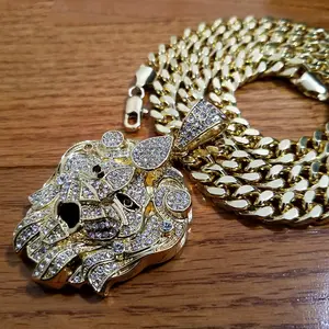 MaxBling81 Gold Plated Hip-Hop Iced Lion Head Cubic Zirconia Pendant Statement Necklace with 10mm Cuban Chain (18"-30"), Men's Daily Fashion Costume Jewelry Accessory, Hip-Hop Necklaces