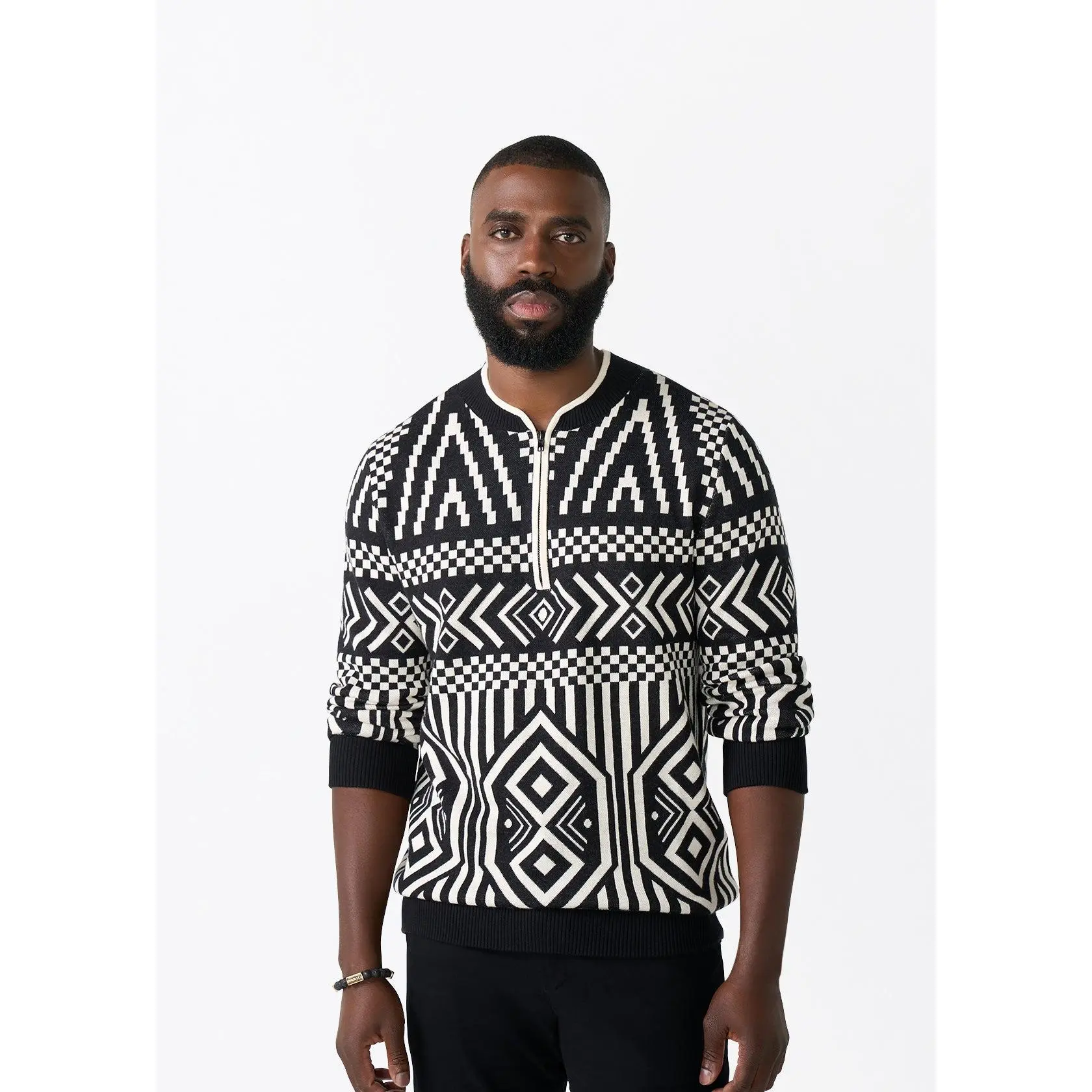 Kibo Men's African Print Quarter-Zip Sweater (Black Cream Tribal)