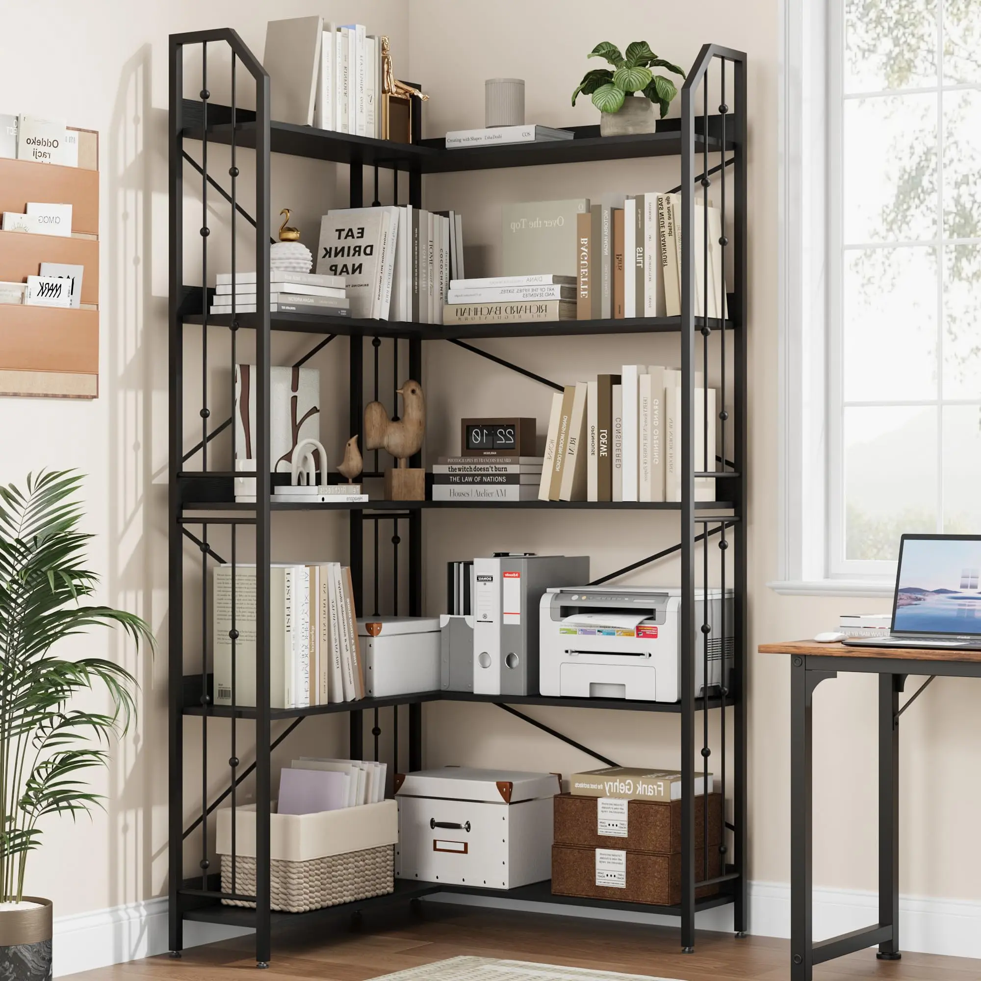 Industrial Black L-Shaped Corner Bookshelf Rack - 72in H x 32.8in L x 32.8in W, 5-Tier MDF+Metal Storage Bookshelf, Beaded Edge Corner Bookshelf Organizer, 60 lbs Per Shelf, Anti-Tipping, Simple Setup, Adjustable Legs for Living Room, Bedroom