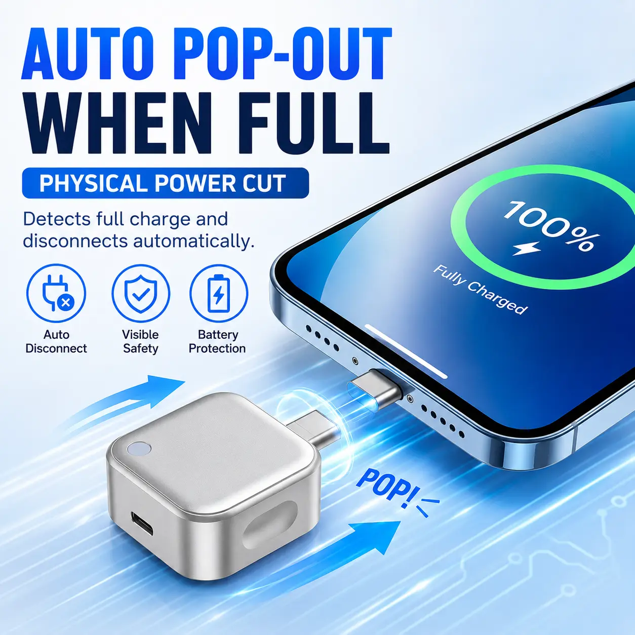 140W Type-C Physical-Disconnect Battery Guard - Auto & Self-Eject Charger, Smart Auto-Stop Charging Accessory for Mobile Smartphones, Laptops, Tablets, Anti-Overcharge Tech for Safe Overnight Use, Gift for Chargeable Devices