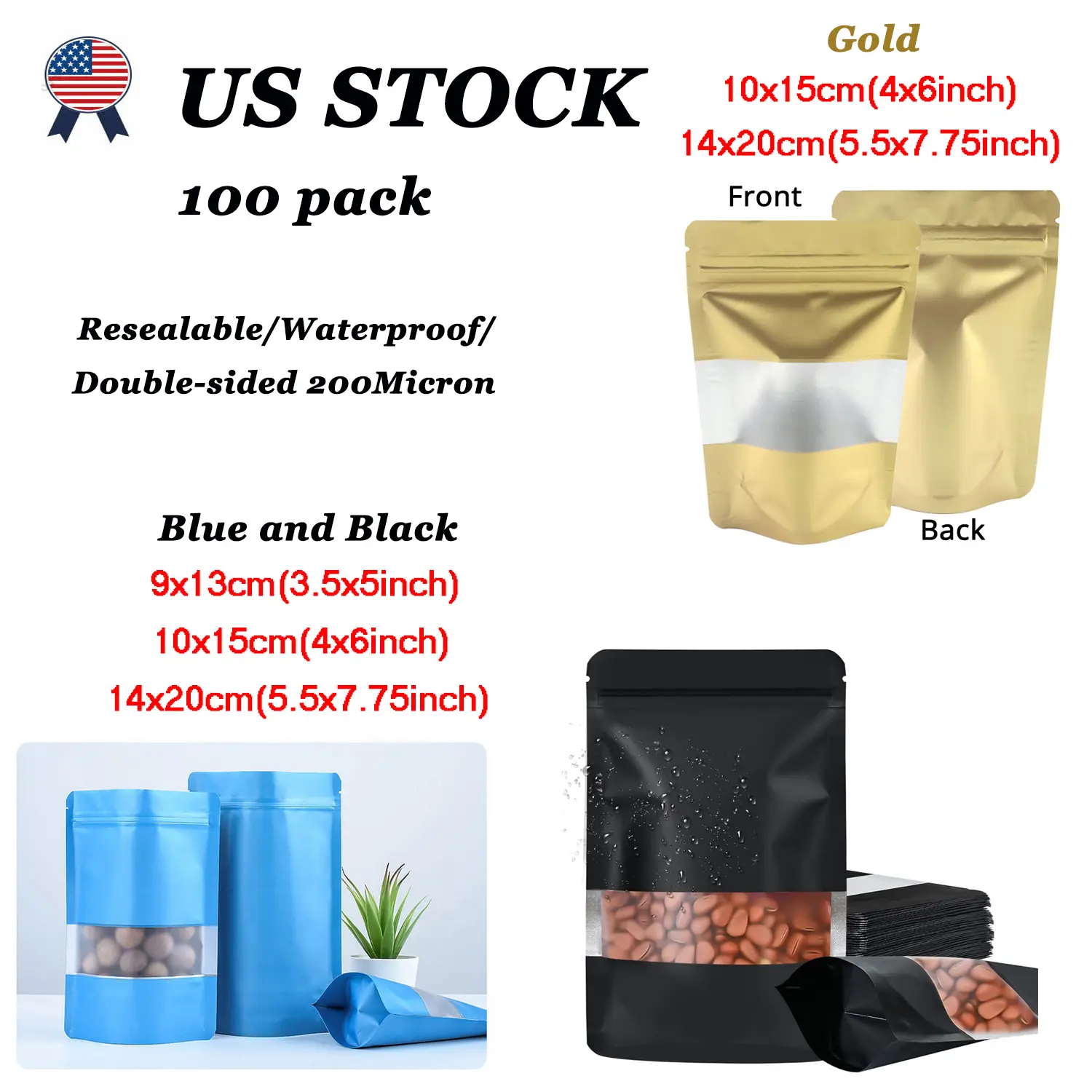SJPACK 100 Pack Smell-Proof Resealable Mylar Bags with Matte Window, Multi-Size Stand-Up Foil Pouches for Item Storage, 3.5x5, 4x6, 5.5x7.75 Inches, Gold/Blue/Black Options, Resealable Supports Reuse, Smell-Proof Barrier Keeps Items Fresh, General Use, Gi