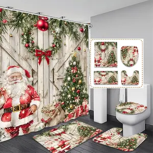 Christmas Shower Curtain Set, Winter Snowflake Design with Barn Door & Tree, Cute Santa Bathroom Decor, Bathroom Decoration Accessories, Perfect Holiday Gift