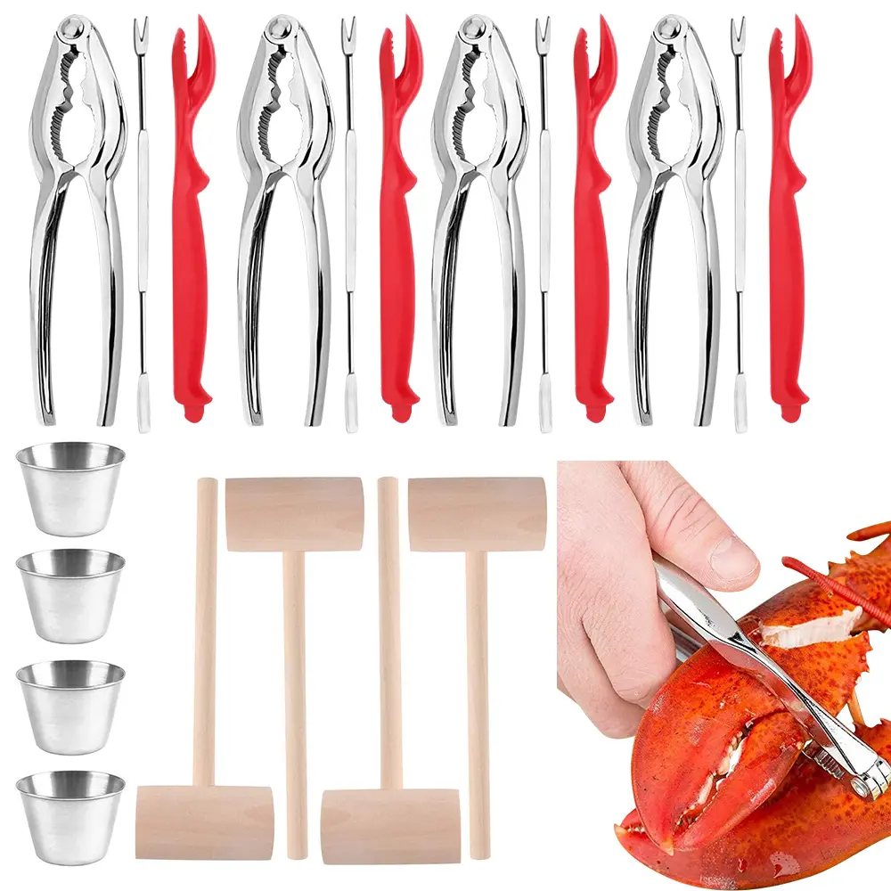 20-Piece Seafood Tool Set for 4 – Includes 4 Lobster & Crab Crackers, 4 Shell Openers, 4 Seafood Forks, 4 Sauce Cups, 4 Mallets – Perfect for Crab Boil, Lobster Dinner, Shrimp Party