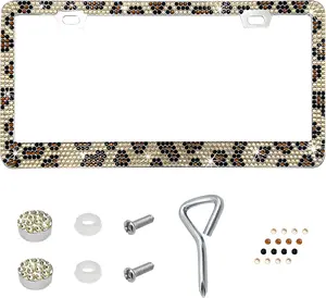 Bling, Rhinestone, Leopard, License Plate Frame, Rustproof Car Tag Holder with Screws, Fits Standard US Cars Trucks