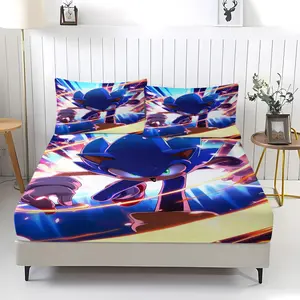 3 Piece Sonic the Hedgehog Fitted Sheet,Non Fading,Breathable and Durable,Including 1 Bed Sheet and 2 Pillowcases,Non Slip Dust Cover Suitable for Bedroom and Guest Room Bedding,Suitable for Personal Use or Gift Giving