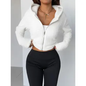 Women's Long-Sleeve Polyester Knitted Solid Double-Sided Fleece Hooded Zipper Cardigan Jacket, Casual Sports & Outdoor Outerwear (Women's Clothes)