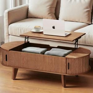 Oval Lift Top Coffee Table with Storage, 47.2" Mid Century Modern Living Room Center Table with 180° Sliding Tambour Door, Wood Fluted Coffee Table for Home Office, Walnut