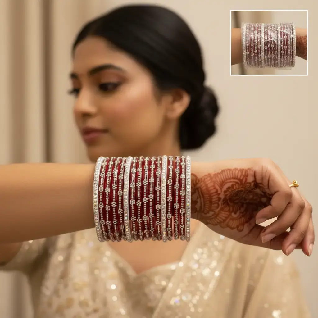 Elegant Handmade Glass Bangle Set for Women, 16 Pc Traditional Indian Jewelry for Bridal, Weddings & Party - Bracelet Stacking with Bling Effect, Glamour, Multi-Size