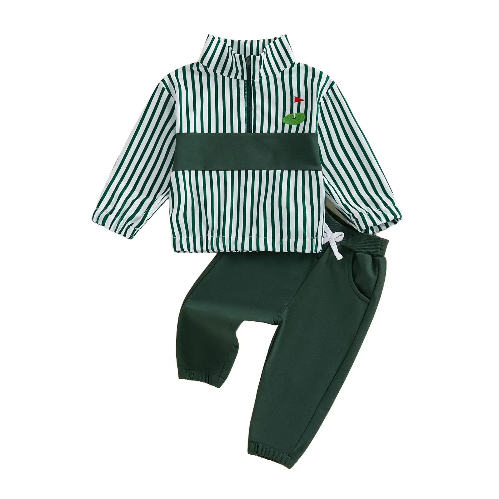 Babamoon Baby Boys 2-Piece Casual Sportswear Set, Long Sleeve Shirt & Pants with Embroidery Detail, Striped Stand Collar Golf Outfits, Baby Clothing, Boys Set
