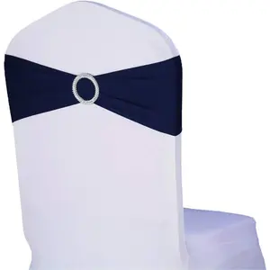 Pack of 100 Spandex Navy Blue Chair Sashes Bows Elastic Chair Bands with Slider Sashes Bows for Wedding Decorations White Covers (Navy)
