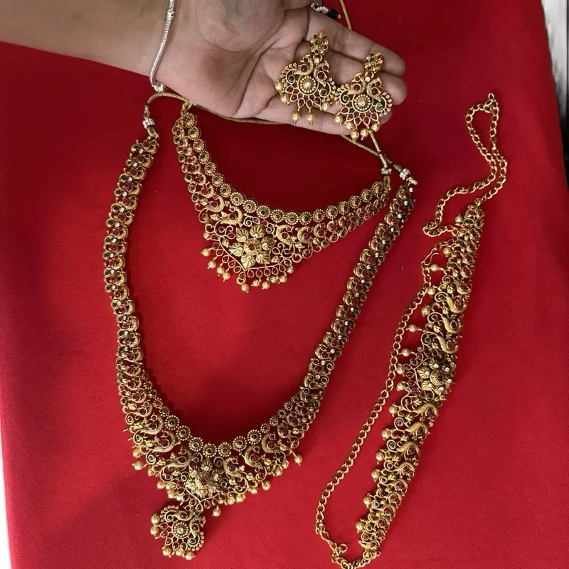 Women's Traditional South Asian Rani Haar Necklace, Earrings & Belt Set - Ethnic-Inspired, Gold-Colored, Trendy Costume Jewelry Set, Ethnic-Inspired Jewelry Sets, Gold-Colored Jewelry Sets