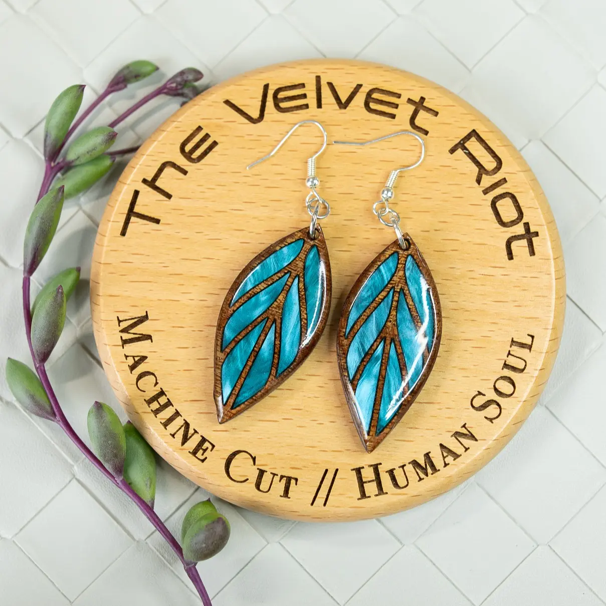 Teal Leaf Earrings – Acrylic Inlay Statement Dangles | Lightweight, Hypoallergenic Wood Jewelry | Baltic Birch & Sapele | Handmade TikTok Unique Finds