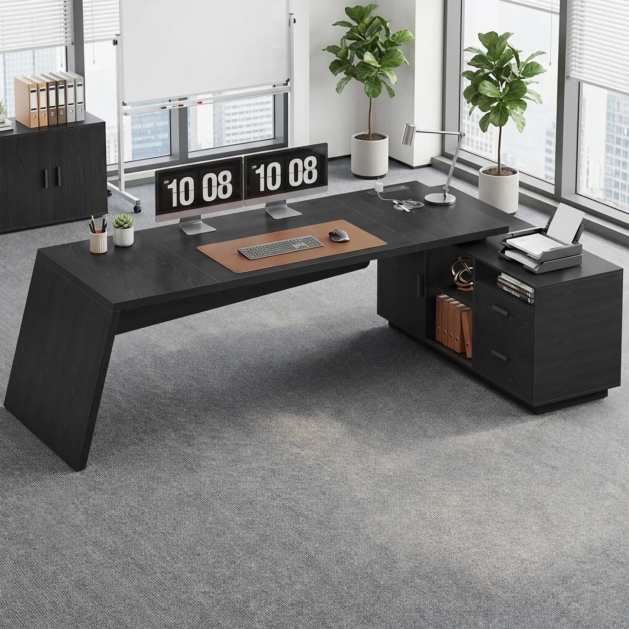 SIKAIC L-Shaped Executive Office Desk - Black Commercial Home Workstation with Power Outlets, Storage Drawers, Filing Cabinet, Shelves, Metal Frame, Dual Monitor Setup, WFH Solution, Study Use, Assembly Required