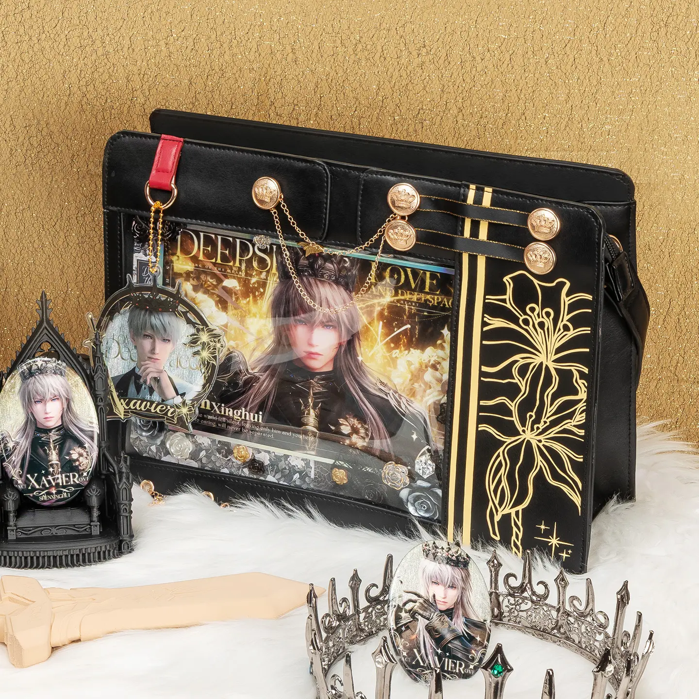 the junco Eclipsed King Ita Bag, Gothic Anime PU Leather Crossbody Bag with Large Merch Window & Black-Gold Embroidery, 2-Way Chain Daily Commuter Purse for School & Casual Wear, Messenger Bags