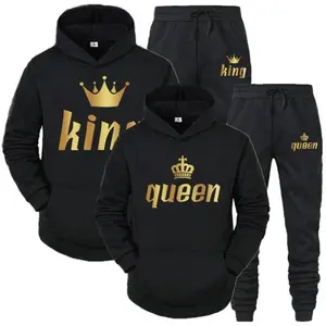 Fashion Long Sleeves KING And QUEEN Printed Hooded Suits Autumn Winter Couple Hoodie + Pants 1-Piece Suit