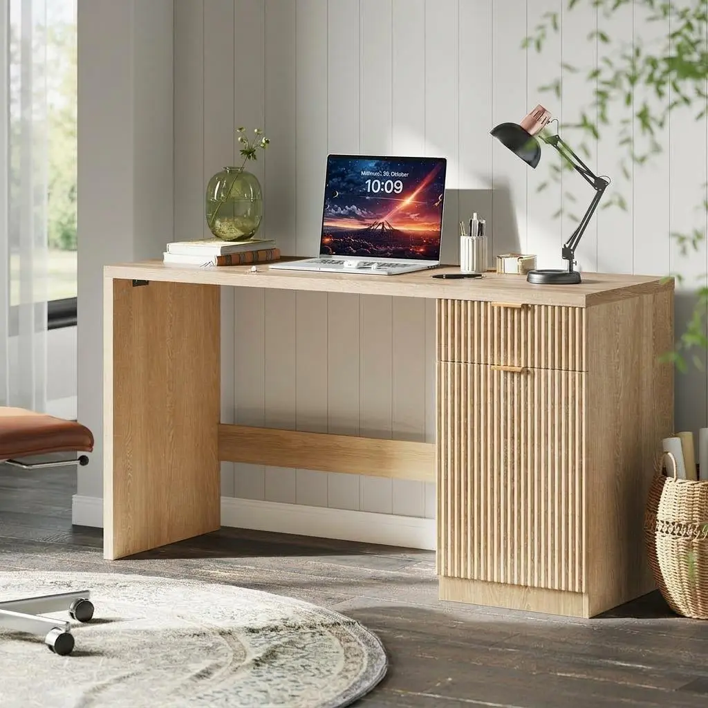 Fluted Executive Desk with Drawers – 60″ Modern Home Office Desk with Storage Cabinet – Wood Fluted Computer Desk Workstation for Working, Studying, Writing – Natural Oak