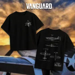 VANGUARD P-51 Mustang Blueprint Double Sides Heavy Cotton T-Shirt Vintage WWII Aviation Graphic Tee Military Enthusiast Streetwear Clothing Gift for Men Breathable Printing