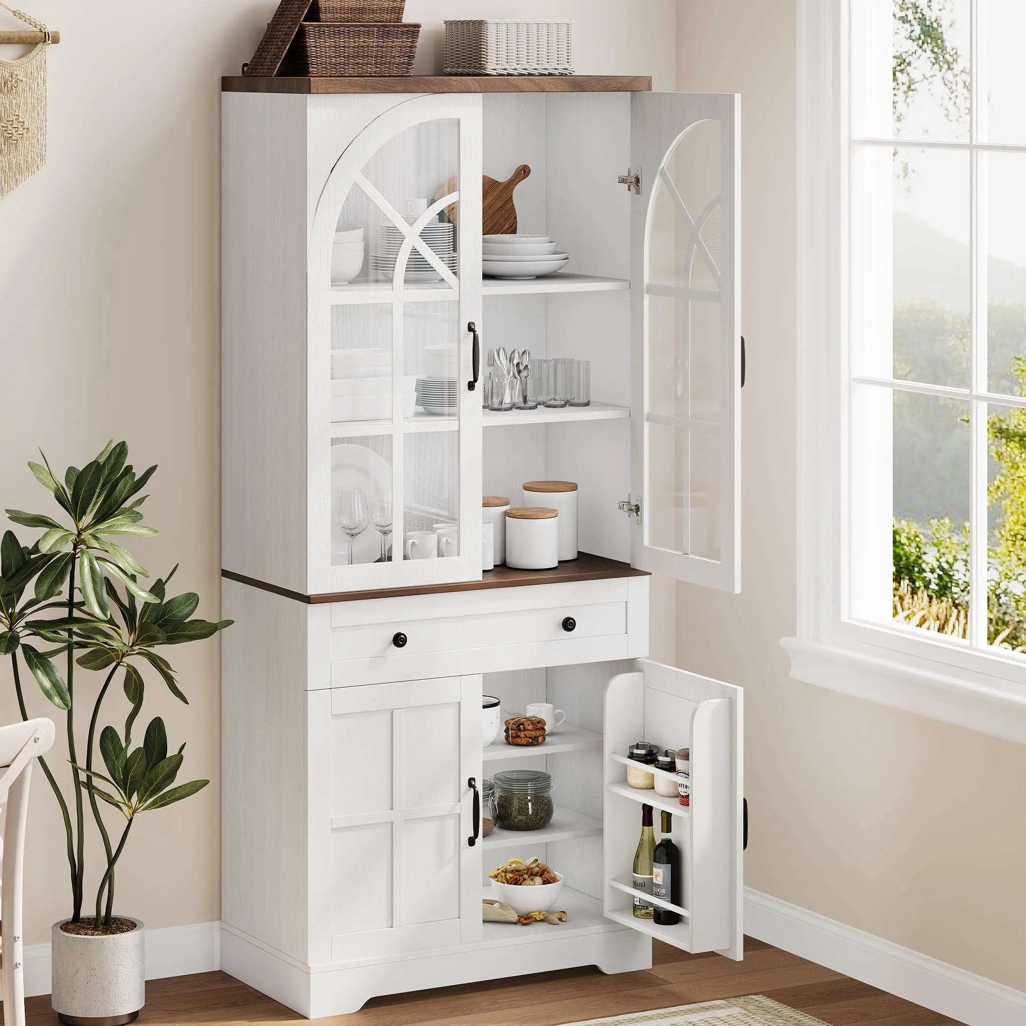 Garvee Farmhouse Pantry Cabinet, 71.9" Tall Freestanding Kitchen Cabinet with Tempered Glass Doors& Anti-Tip Design for Kitchen, Dining Room & Living Room,White,dorm essentials,home decor